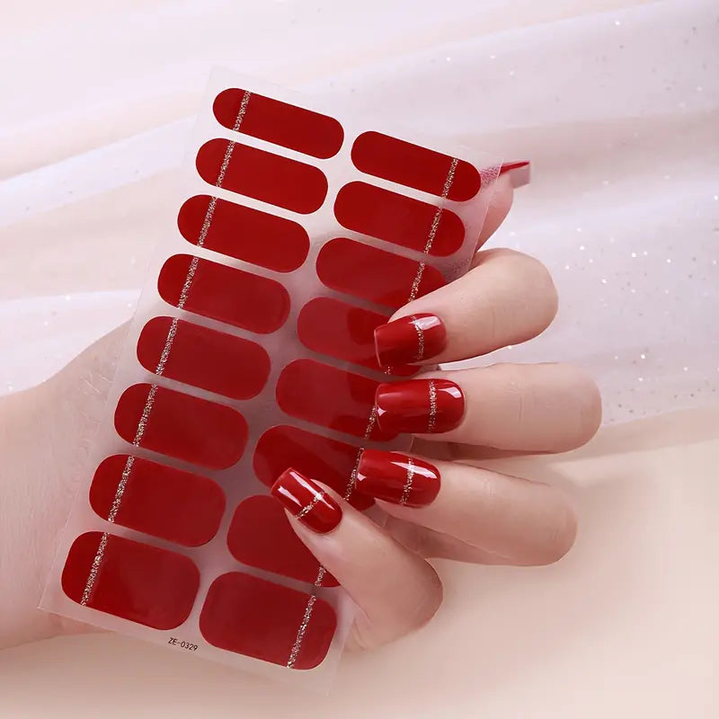 Red & Strip Detail Mix Semi-Cured Gel Nails