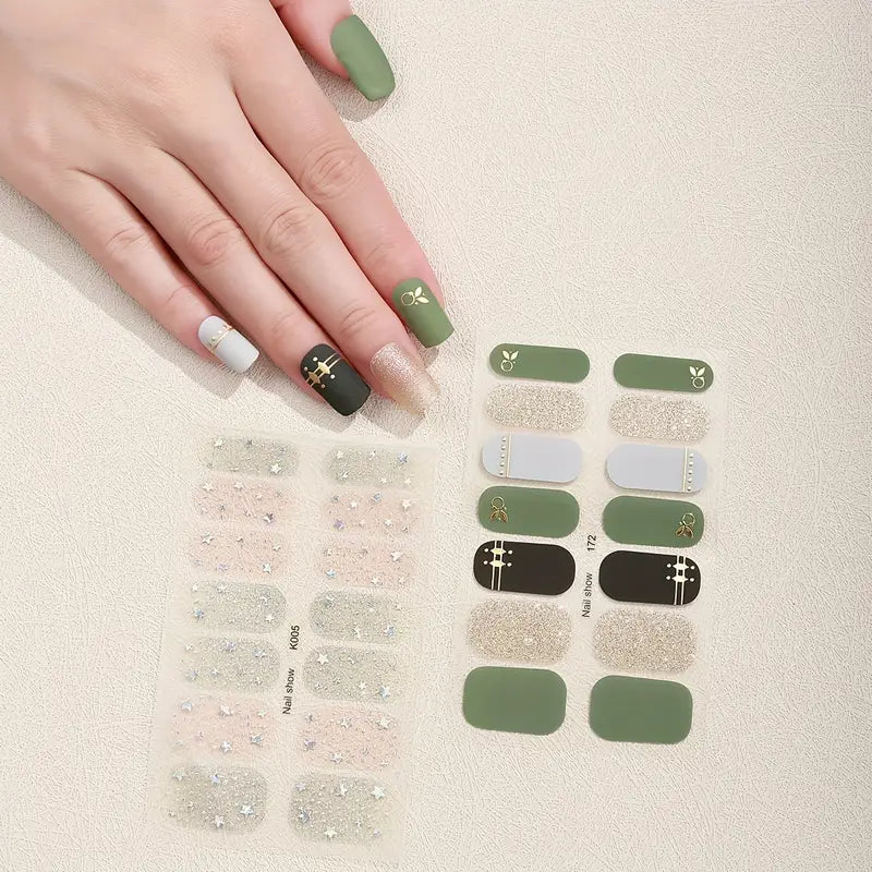 Two Pack Green & Gold Chic Mix Semi-Cured Gel Nails