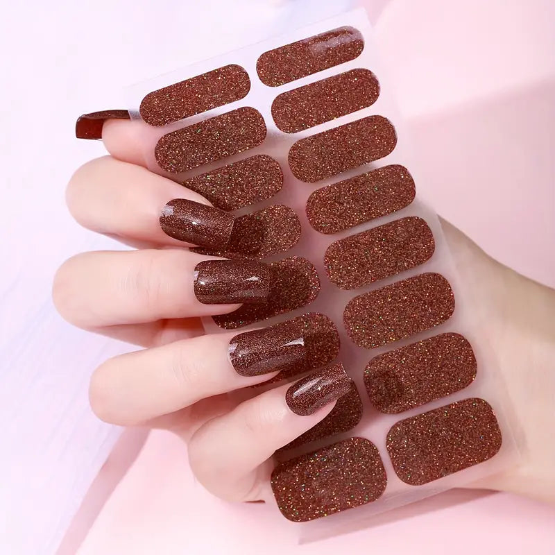 Chocolate Brown Shimmer Semi-Cured Gel Nails Strips