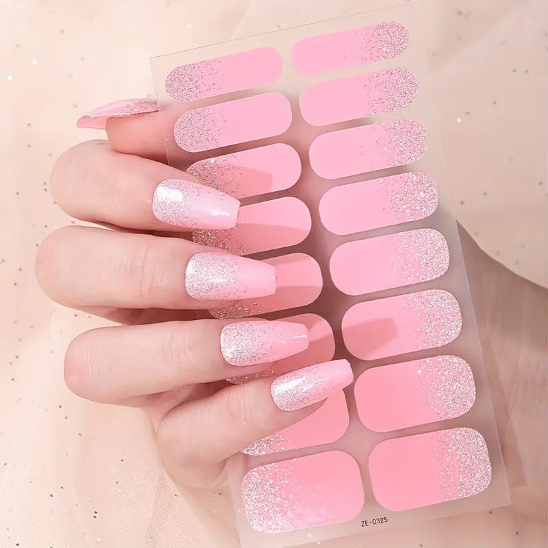 Barbie Pink Glitter base Semi-Cured Gel Nails Strips