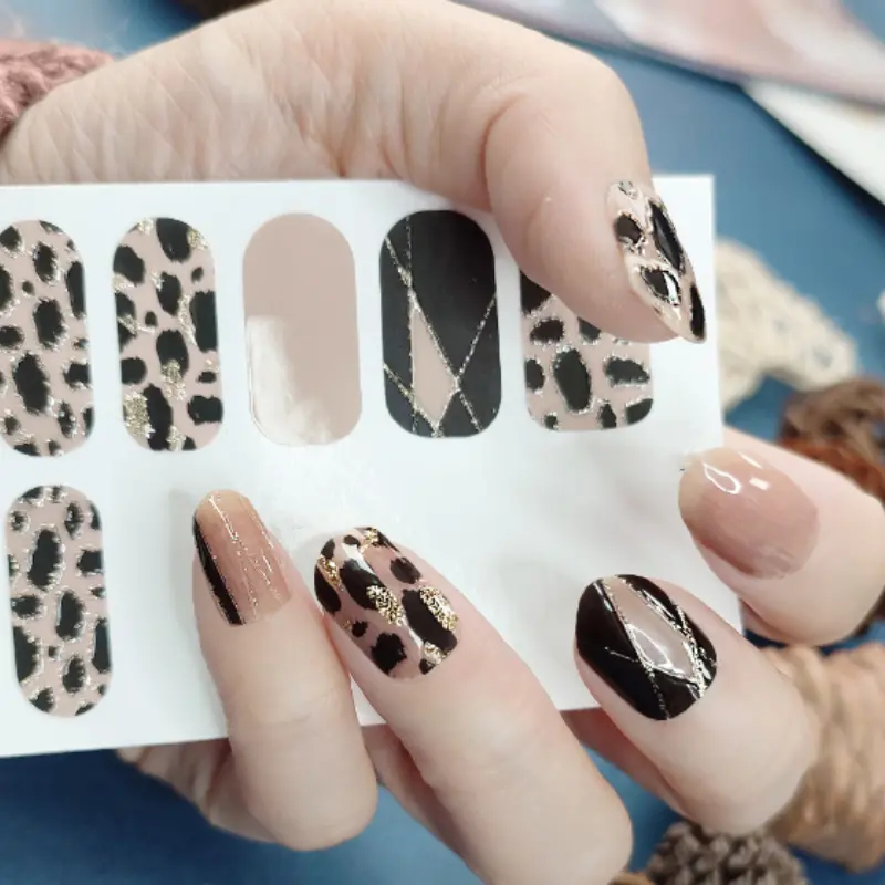 Pink & Black Geometric Leopard Semi-Cured Gel Nails Strips