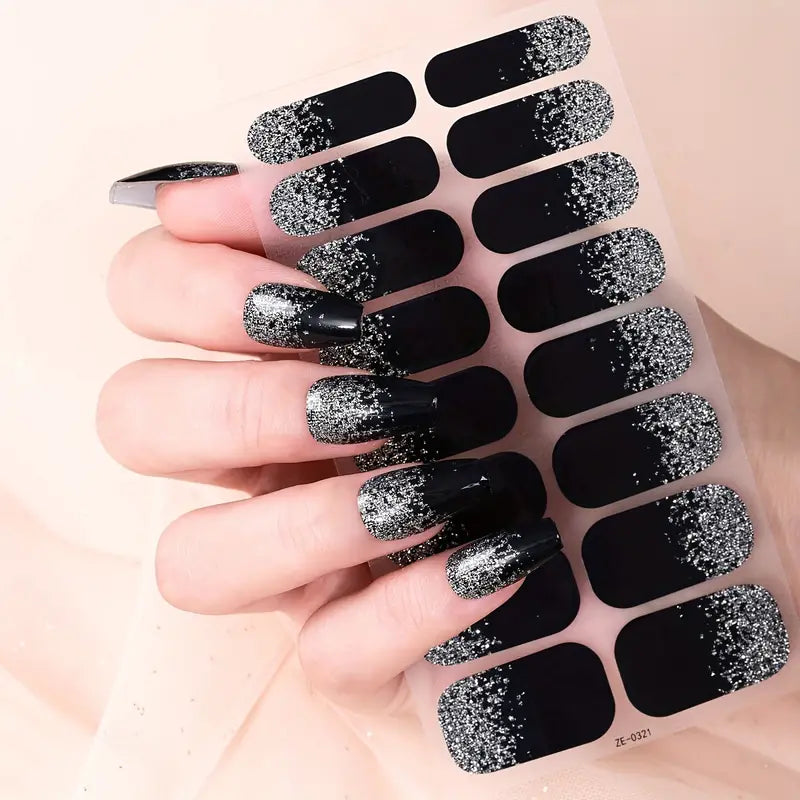 Black Glitter base Semi-Cured Gel Nails Strips