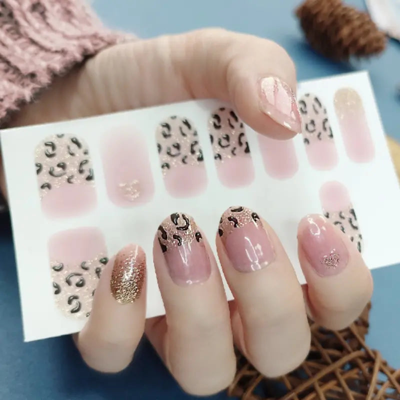Pink Leopard Print Tip Semi-Cured Gel Nails Strips