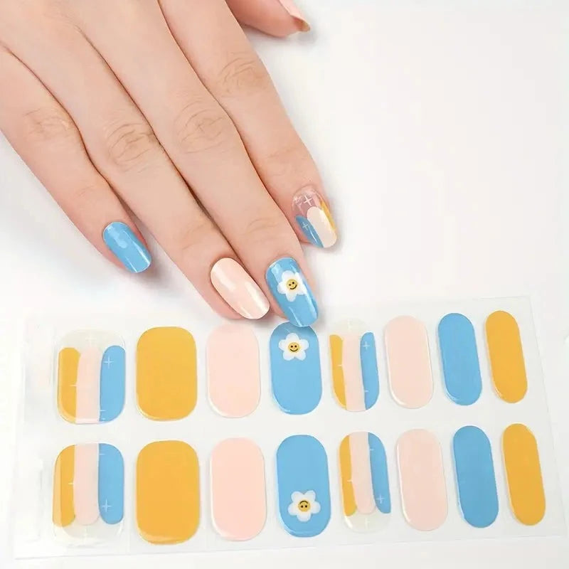 Blue & Yellow Happy Flower Semi-Cured Gel Nails Strips